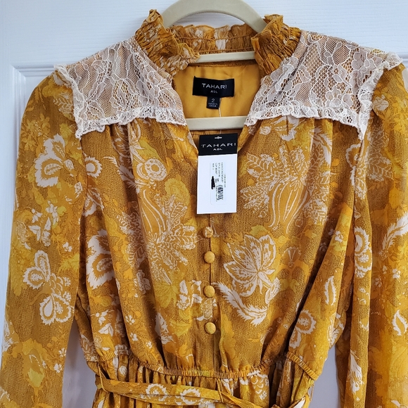 Tahari ASL Lace-Trim Tierred Split Neck Dress SZ 2 NWT Mustard Coquette Girl - Picture 10 of 11